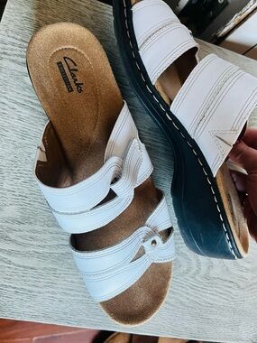 Clarks White Leather Slide Mules Size 9